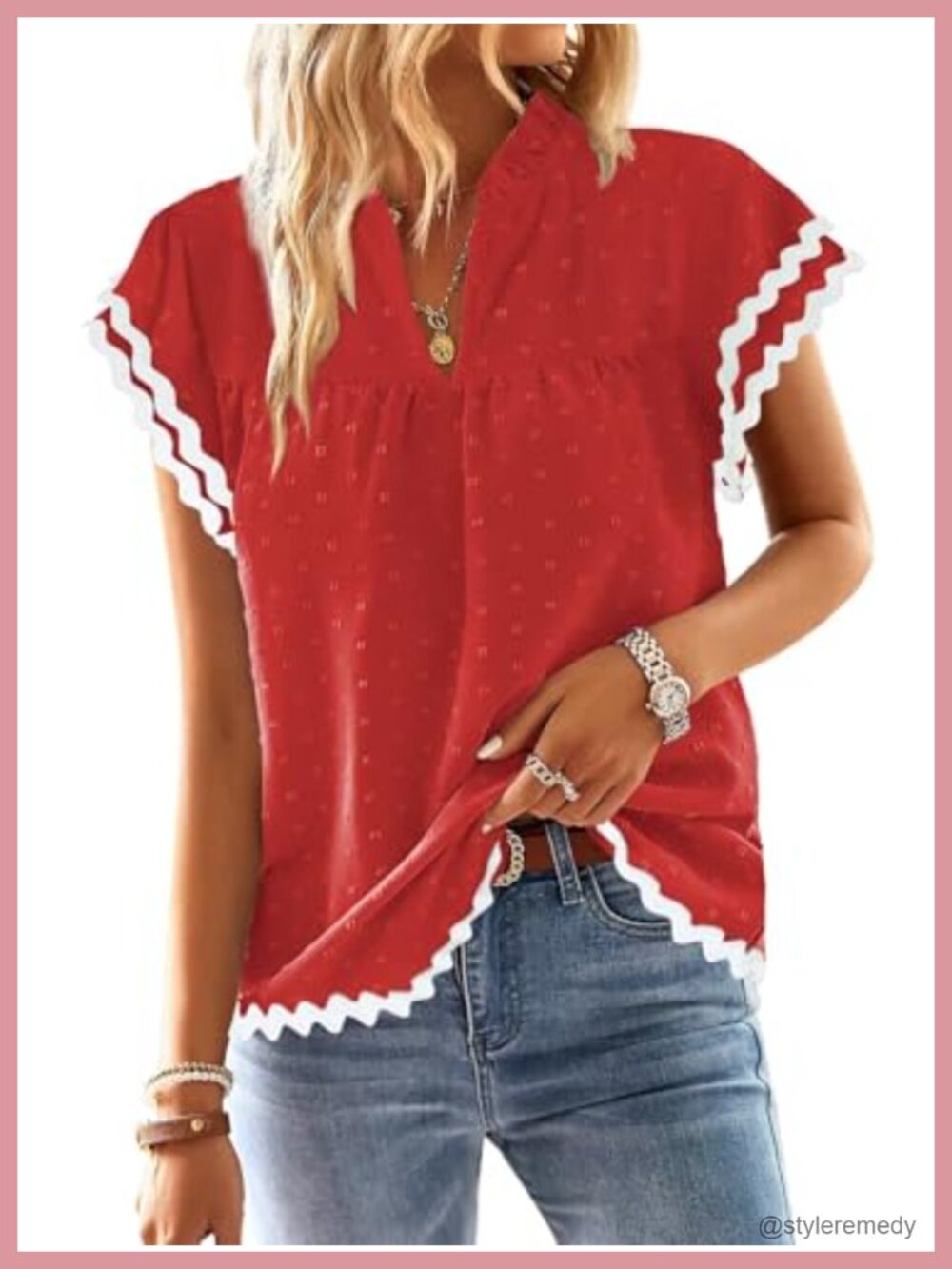 Womens Boho Ruffle Sleeve V Neck Blouse Swiss Dot Ric Rac Trim Flowy Top